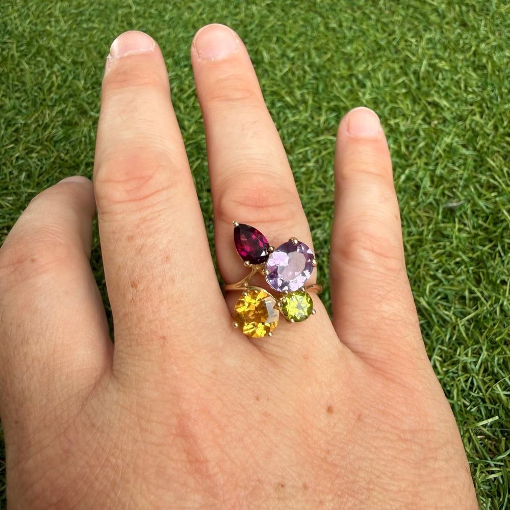 Vintage 10K Gold Multi Gemstone Cluster Ring Size 8 Amethyst Citrine Peridot 4g